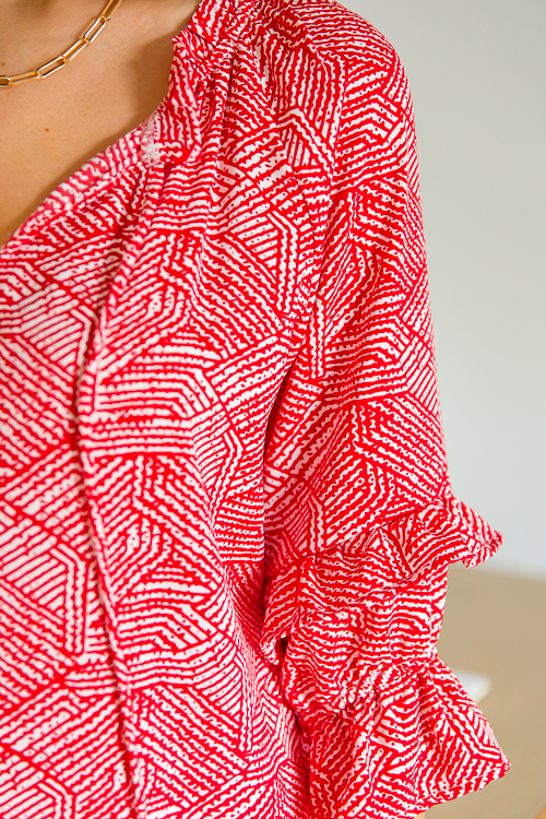 Abstract Ruffle Sleeve Top, Red