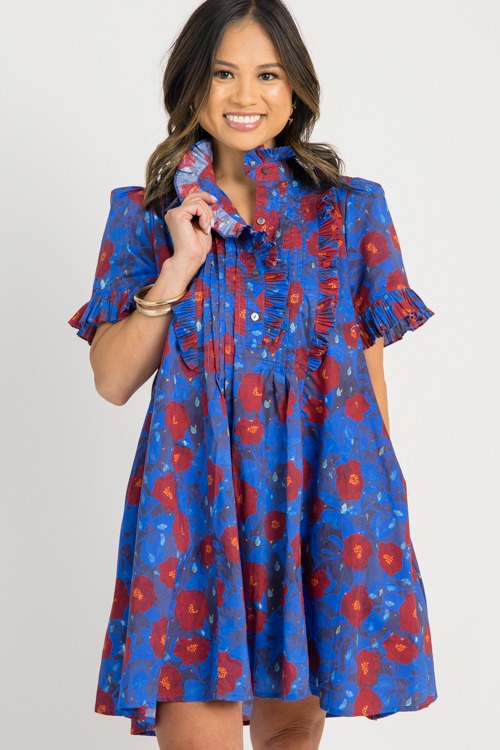 Floral Frilled Pleats Dress, Midnight