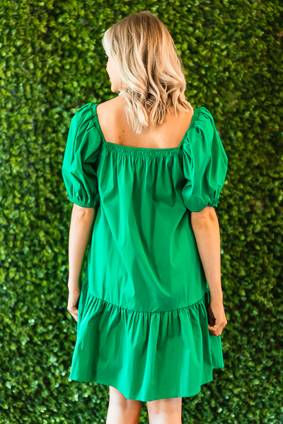 Puff Sleeve Poplin Dress, Emerald