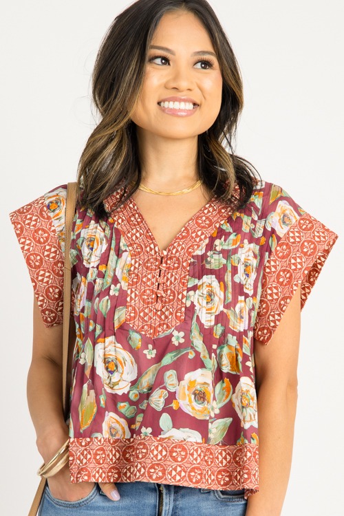 Painted Floral Border Top, Burgundy