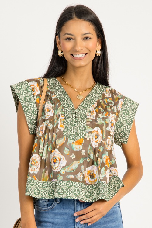Painted Floral Border Top, Brown