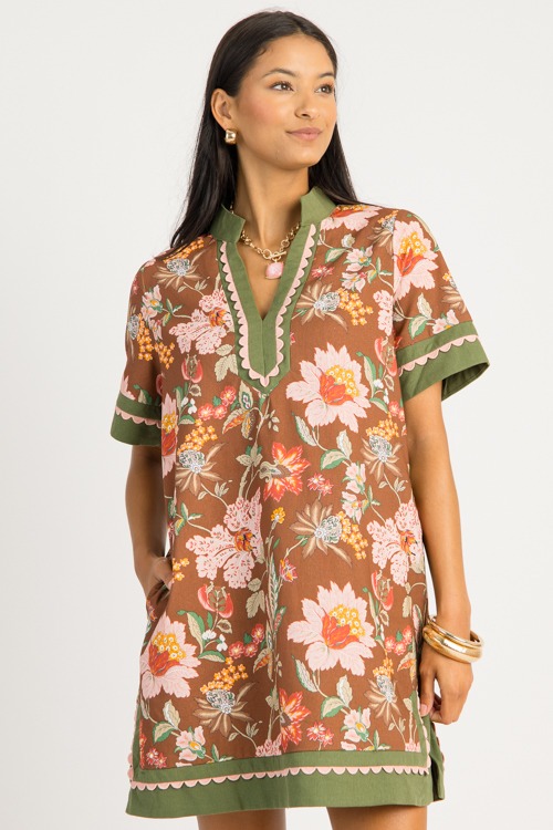 Floral Scallop Border Dress, Brown