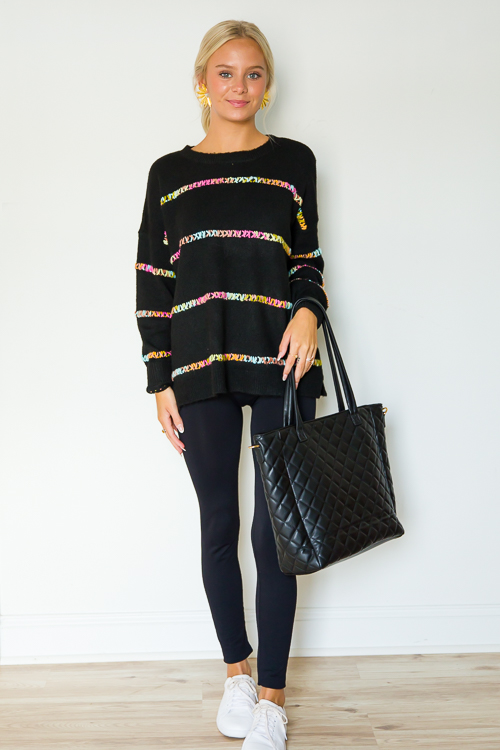 Multi Stitch Stripe Sweater, Black