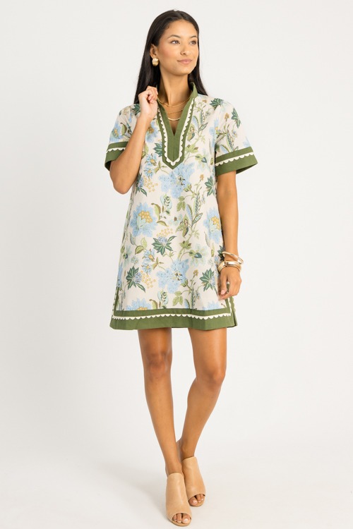 Floral Scallop Border Dress, Ecru