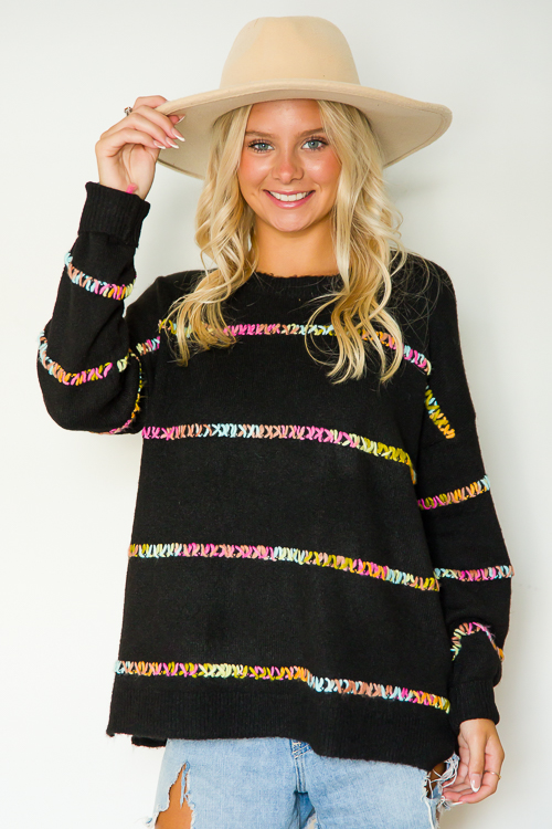 Multi Stitch Stripe Sweater, Black