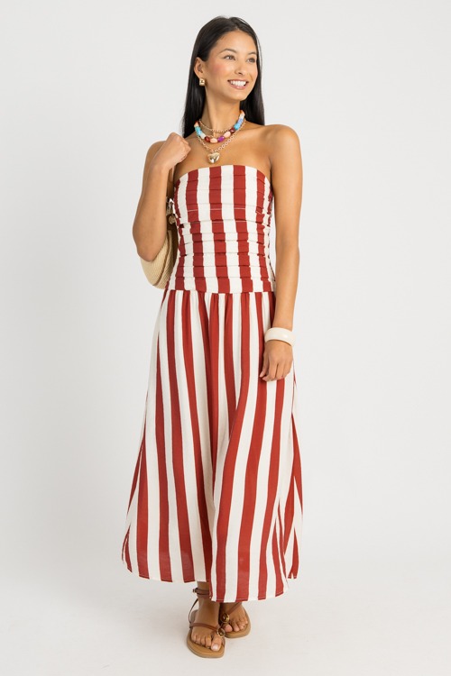 Striped Strapless Midi, Red