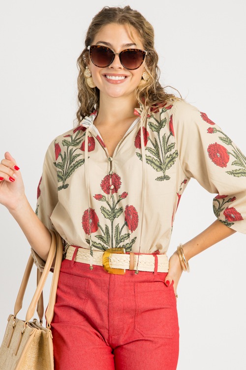 Block Print Button Top, Ecru