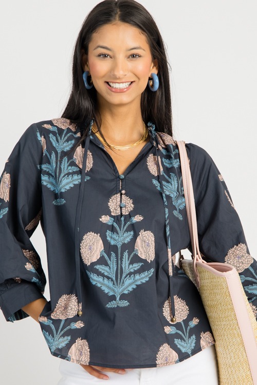 Block Print Button Top, Dk. Navy