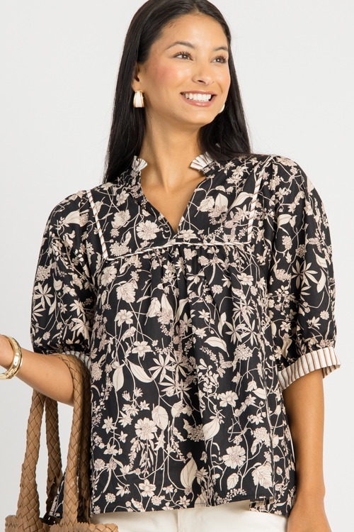 Floral Stripe Trim Top, Black