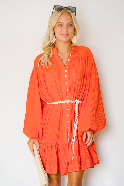 Tie Belt Button Dress, Orange