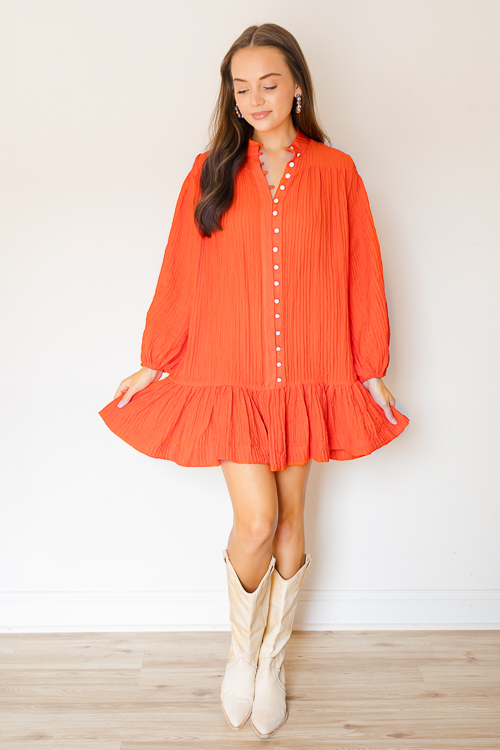 Tie Belt Button Dress, Orange