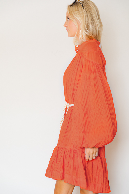 Tie Belt Button Dress, Orange