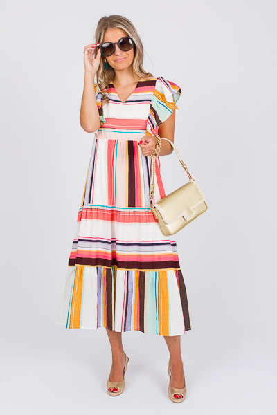 Multi Stripe Flutter Midi, Pink