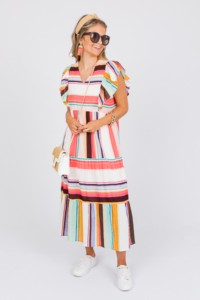 Multi Stripe Flutter Midi, Pink