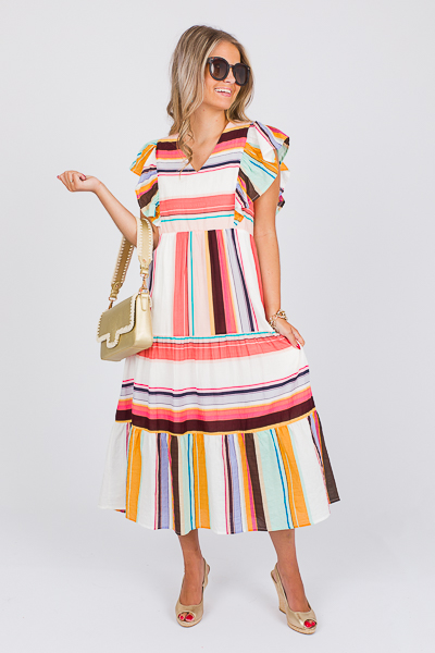 Multi Stripe Flutter Midi, Pink