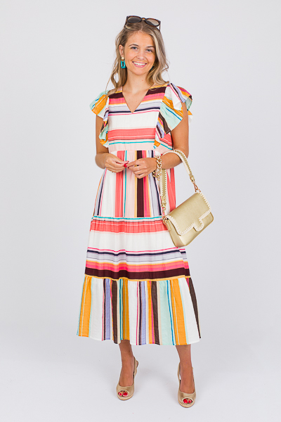 Multi Stripe Flutter Midi, Pink