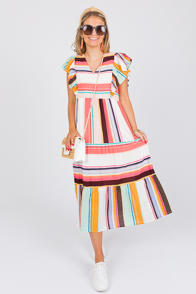 Multi Stripe Flutter Midi, Pink