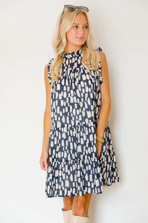 Brush Stroke Print Dress, Navy