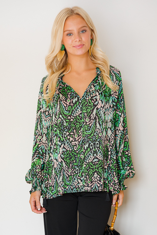 Tassel Tie Blouse, Green Multi