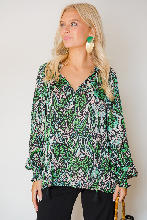 Tassel Tie Blouse, Green Multi