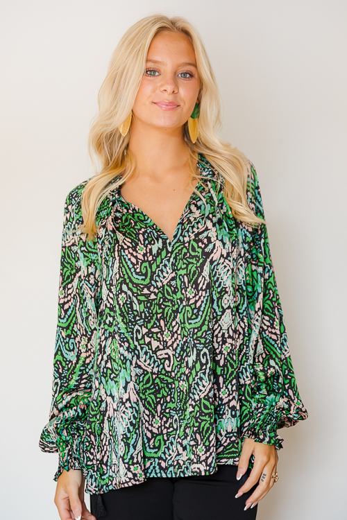Tassel Tie Blouse, Green Multi