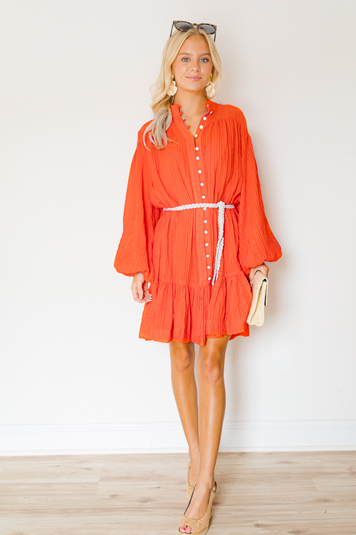 Tie Belt Button Dress, Orange