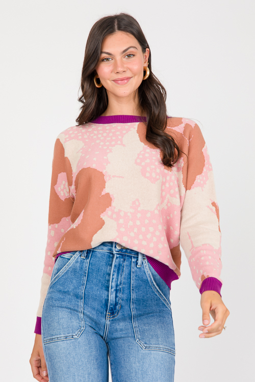 Floral Round Neck Sweater, Tan