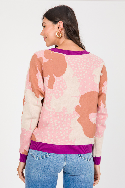 Floral Round Neck Sweater, Tan