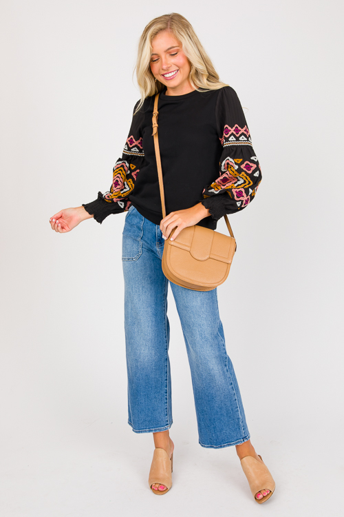 Embroidered Long Sleeve Top, Black