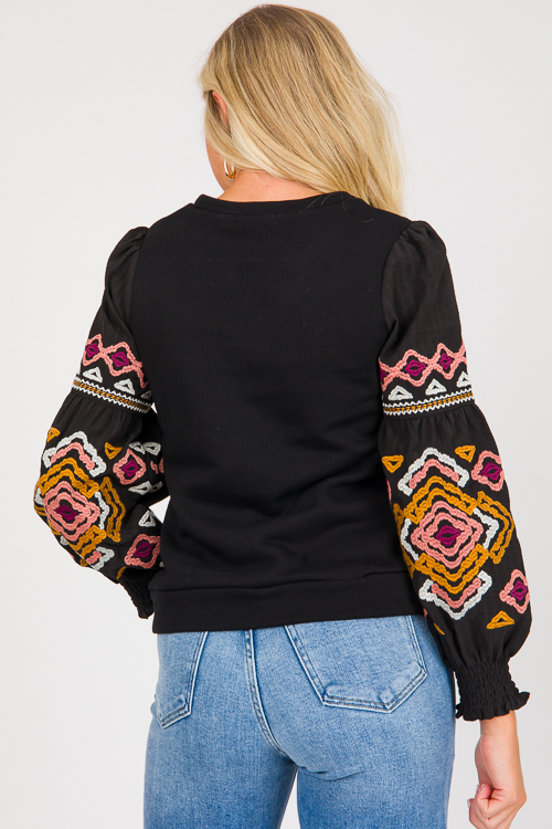 Embroidered Long Sleeve Top, Black