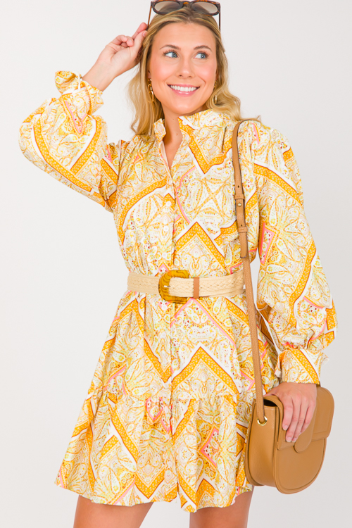 Paisley Button Belted Dress, Yellow