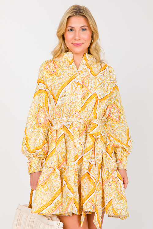 Paisley Button Belted Dress, Yellow