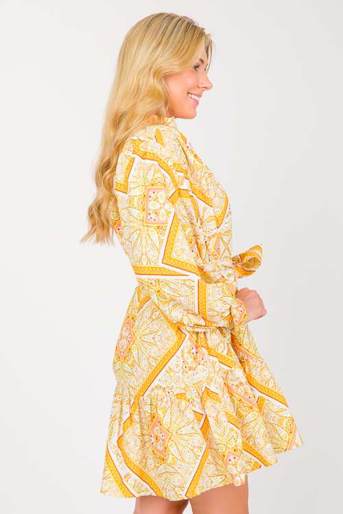 Paisley Button Belted Dress, Yellow