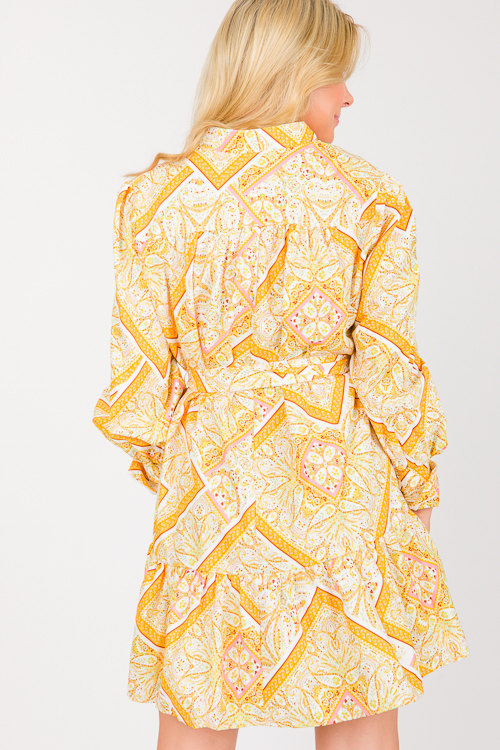 Paisley Button Belted Dress, Yellow