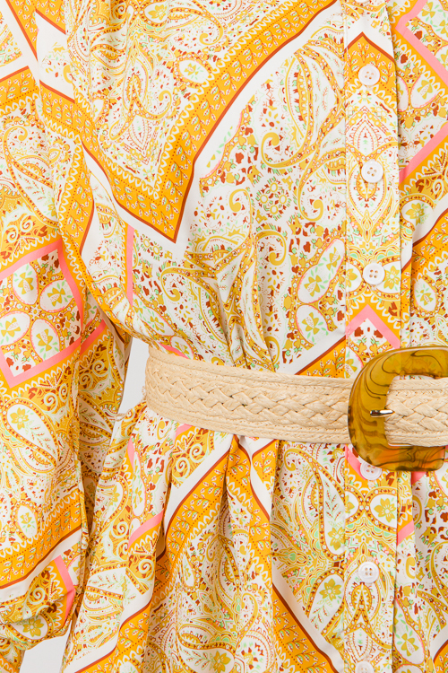 Paisley Button Belted Dress, Yellow
