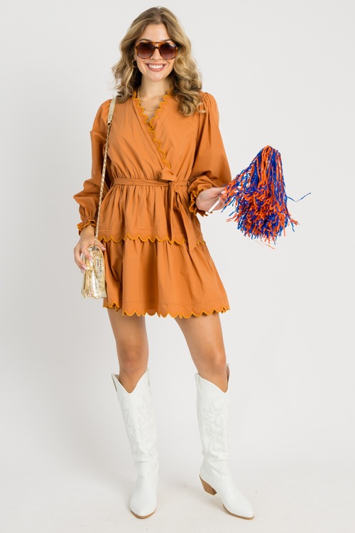 Scallop Trim Belted Dress, Brick