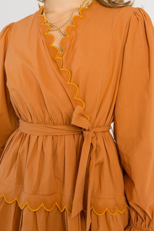Scallop Trim Belted Dress, Brick - 0729-134h.jpg