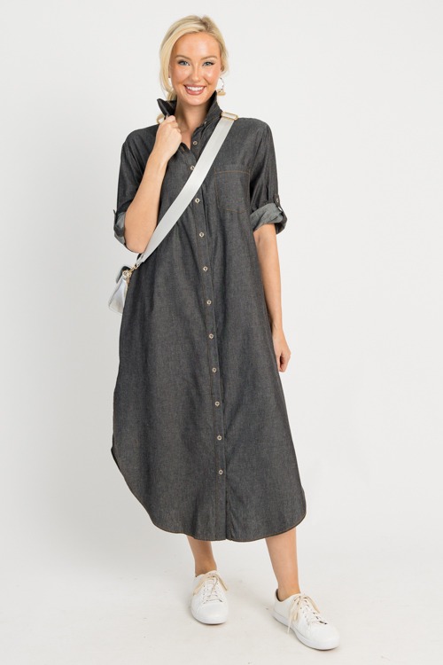 Chambray Shirt Dress Midi, Black