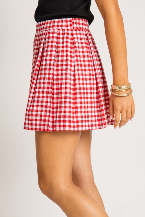 Pleated Mini Skirt, Red Gingham