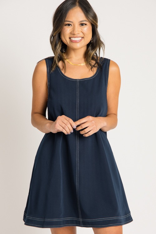 Contrast Stitch Swing Dress, Dark Navy