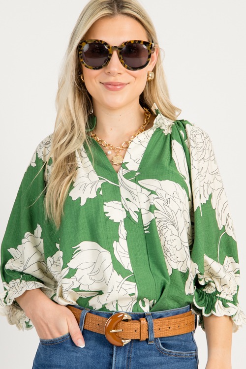 Floral Scallop Sleeve Top, Green