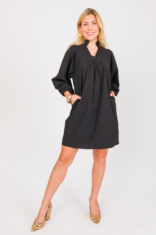 Preppy Textured Dress, Black