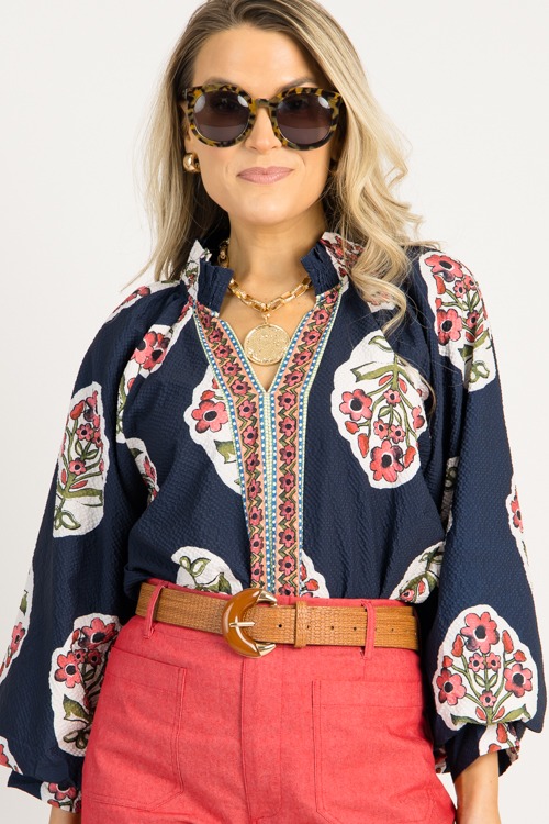 Border Print Bloom Top, Navy