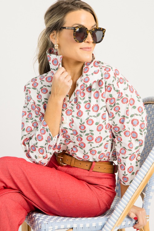Floral Pearl Button Top, Red/Off White