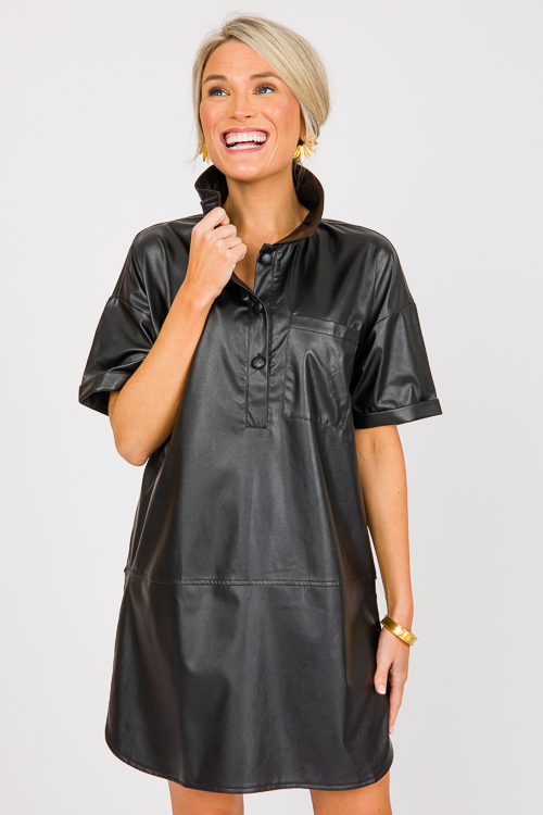 Half Button Leather Dress Black