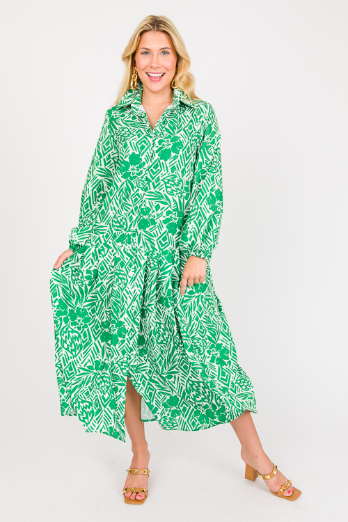 Tie Belted Floral Midi, Green