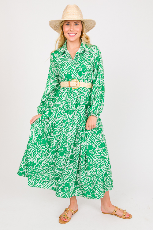 Tie Belted Floral Midi, Green