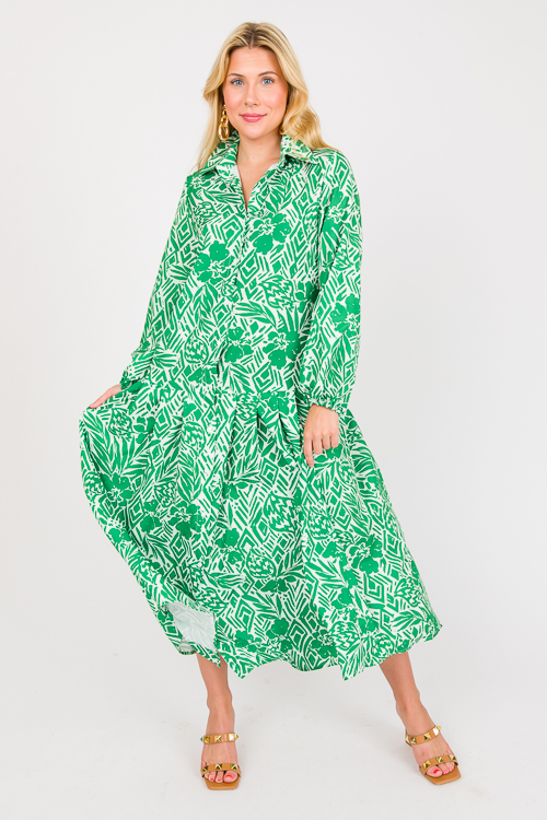 Tie Belted Floral Midi, Green