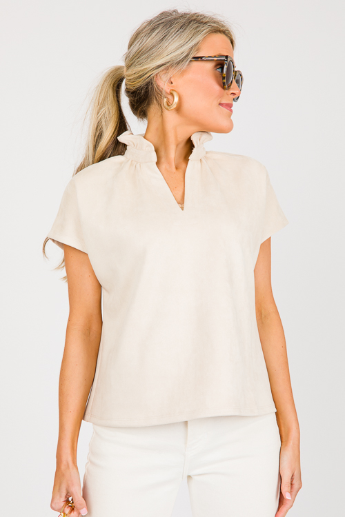 Ruffle Neck Suede Top, Cream