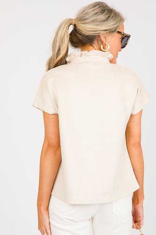 Ruffle Neck Suede Top, Cream